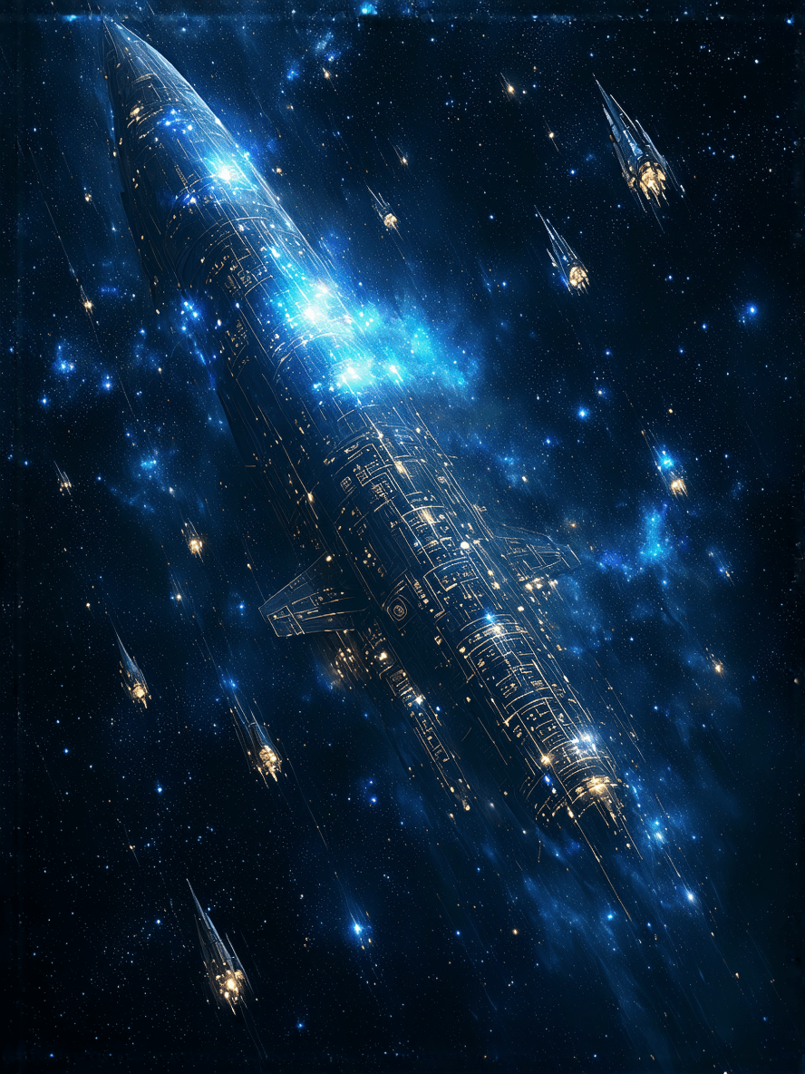 AI generated: A colossal interstellar fleet glides silently through the vast, dark expanse of space. The ships are...