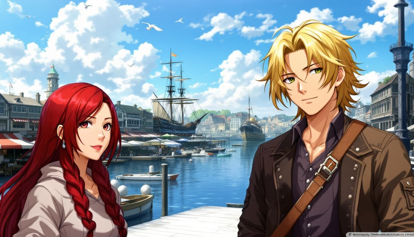 AI generated: There are three characters in the foreground and a detailed background. Foreground characters includ...