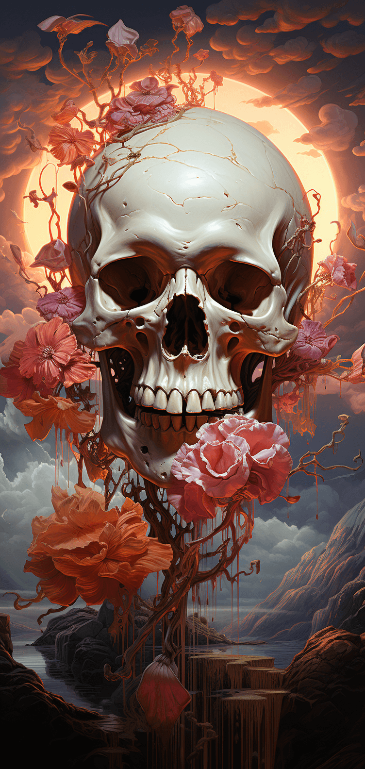 AI generated: surrealist painting of a human skull with the moon, clouds, and melting flowers, abstract, surreal -...