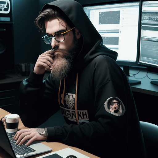 AI generated: hacker, darkroom, coder, computer, man, medium beard, cool, grunge, (typing), ultra detailed and det...