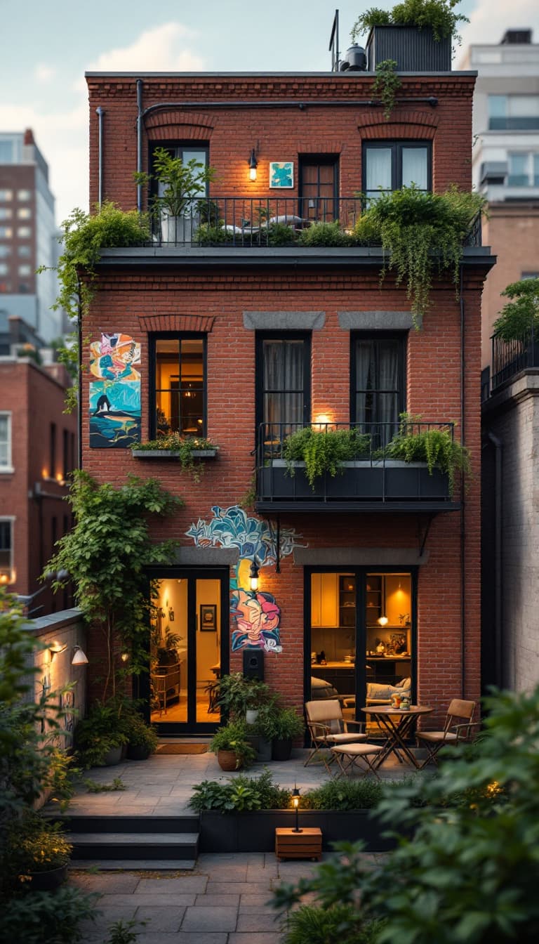 AI generated: Cozy apartment building, rustic brick fa\u00e7ade, industrial metal accents, reclaimed wood textures...