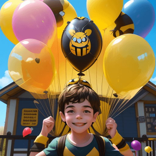 AI generated: cute, adorable, a young boy bumblebee with a huge smile holding a bunch of colorful balloons, iSetti...