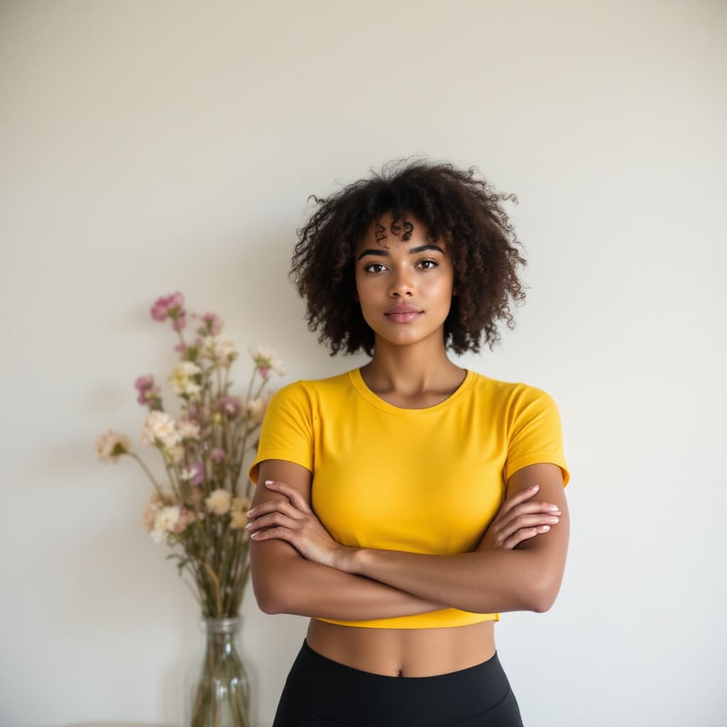 AI generated: A young woman with curly hair stands confidently before a plain white wall, wearing a vibrant yellow...
