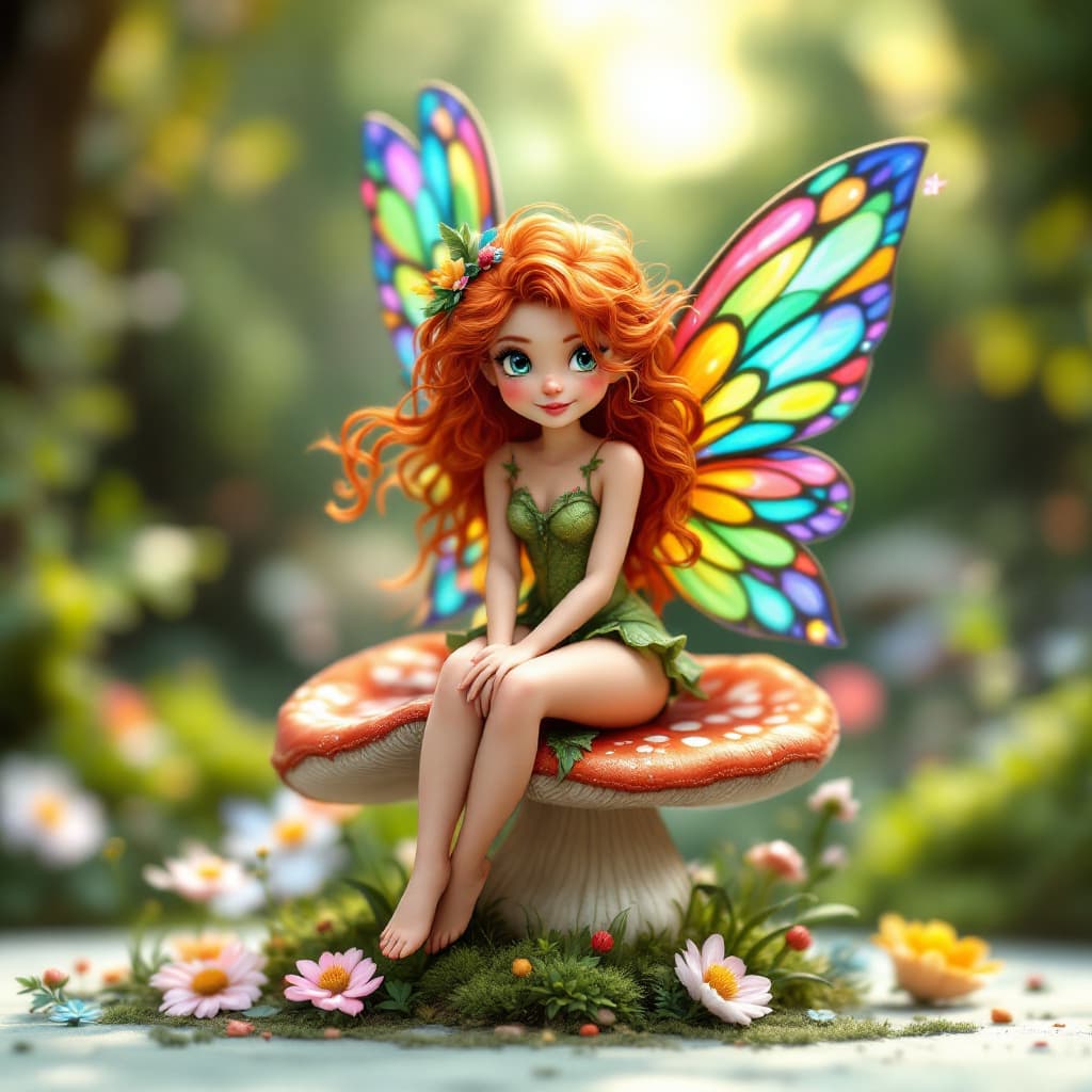 AI generated: create an image that reflects a beautiful and whimsical, 3D, beautiful red-haired fairy with colorfu...