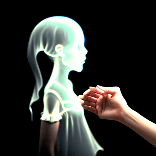 AI generated: A girl trying to touch a translucent ghost. Black background.