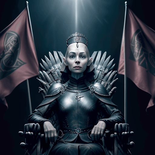 AI generated: Game Of Thrones tv still, hairless sphinx cat as queen cersei wearing a crown and sitting in a thron...