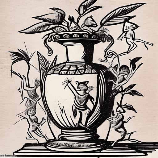 AI generated: a classical greek vase in the red-figure pottery style depicting pikmin from the video game pikmin a...