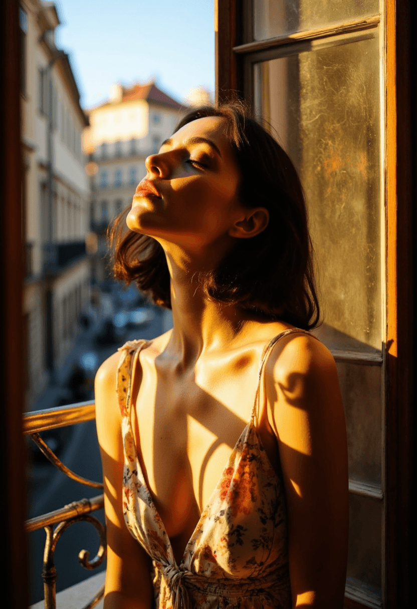 AI generated: A woman sunbathes on a tiny balcony, the warm sunlight streaming through the railing's intricate det...
