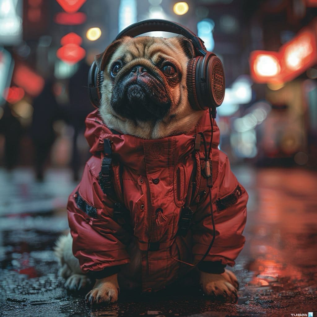AI generated: pug dog, red, one eye blue, the other brown, wearing large Marshall headphones, a red down jacket, s...
