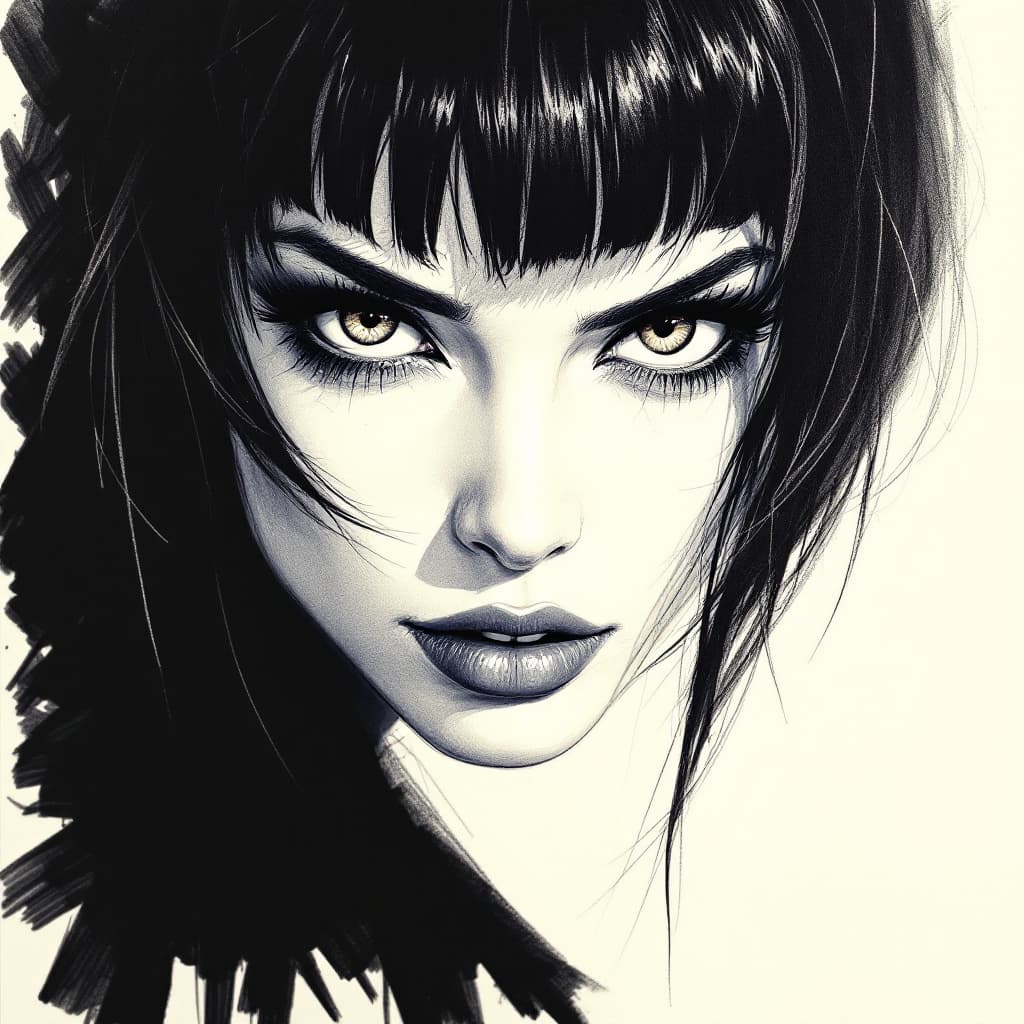 AI generated: A captivating close-up of a woman with piercing, almond-shaped eyes and bold. asymmetrical bangs fra...