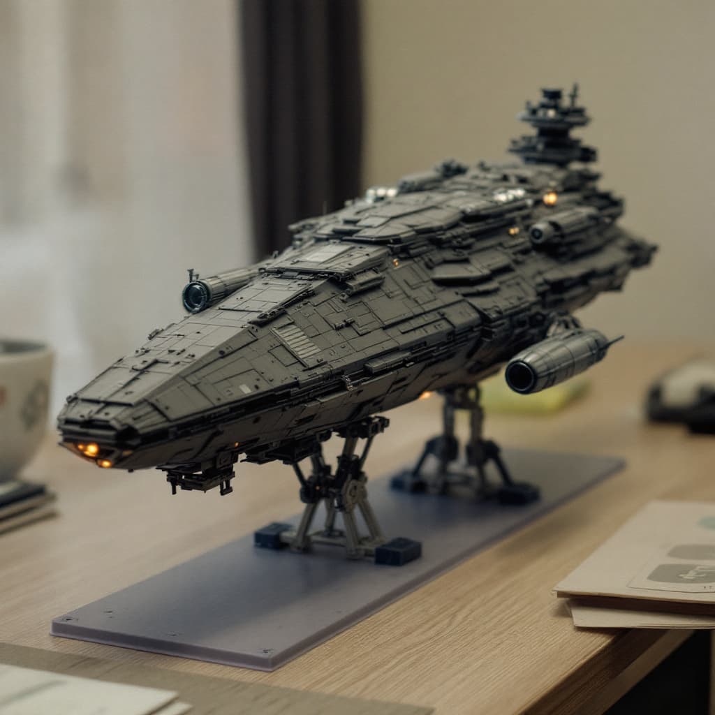 AI generated: A big starship battle cruiser, with 2 escape pod, landing mechanic, in plastic support on a table