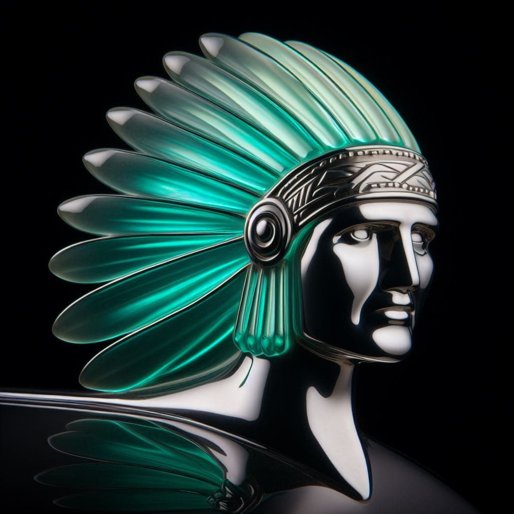 AI generated: 1930s hood ornament, "Indian Chief" made of chrome and uranium glass, style of Streamline Moderne, p...