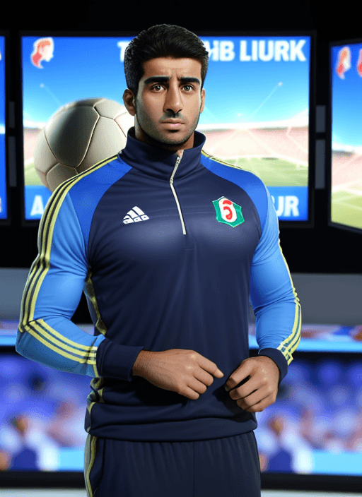 AI generated: A sports news presenter standing and looking at the screen, his features are Arab