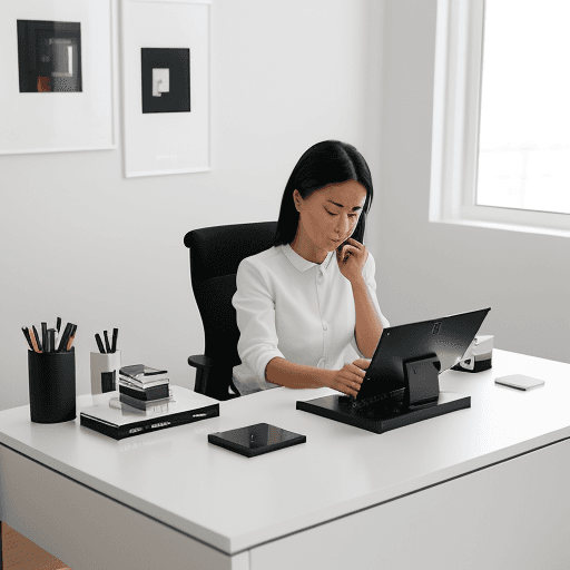 AI generated: modern, minimalist workspace, focused designer woman at a white desk, surrounded by objects of produ...