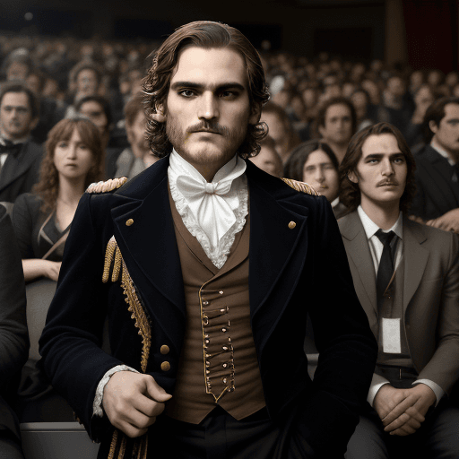 AI generated: Napoleón y Joaquin Phoenix: Ambos personajes están sentados en una fila de asientos de la sala de ci...