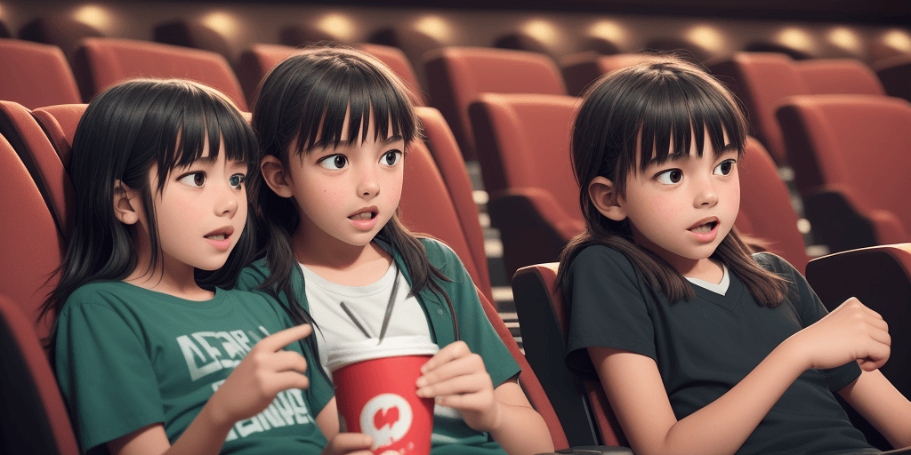 AI generated: create an image of two grade school students talking at a movie theater