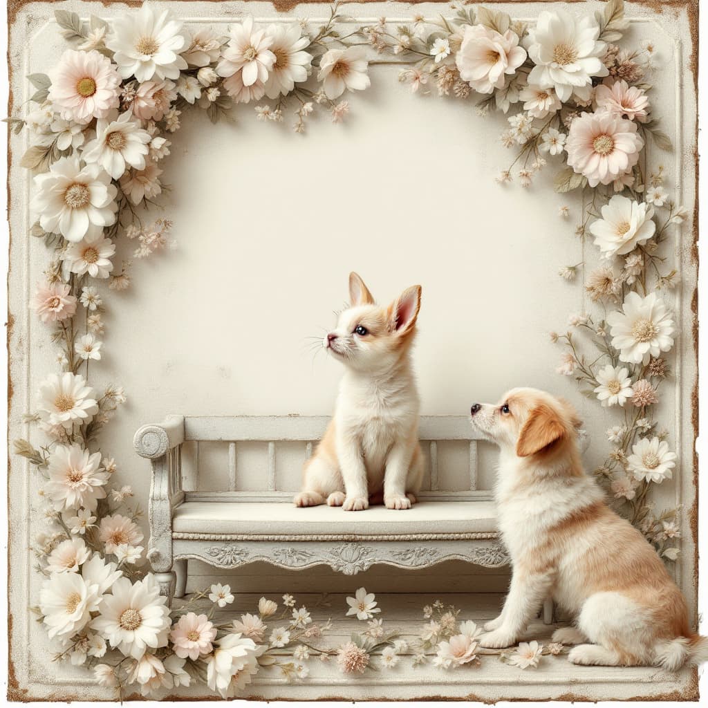 AI generated: Incite "Uma página de diário shabby chic com uma borda de flores em relevo em tons pastéis suaves. O...