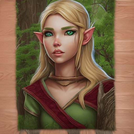 AI generated: young, blonde, female, green eyed, archer, forest elf druid rug character