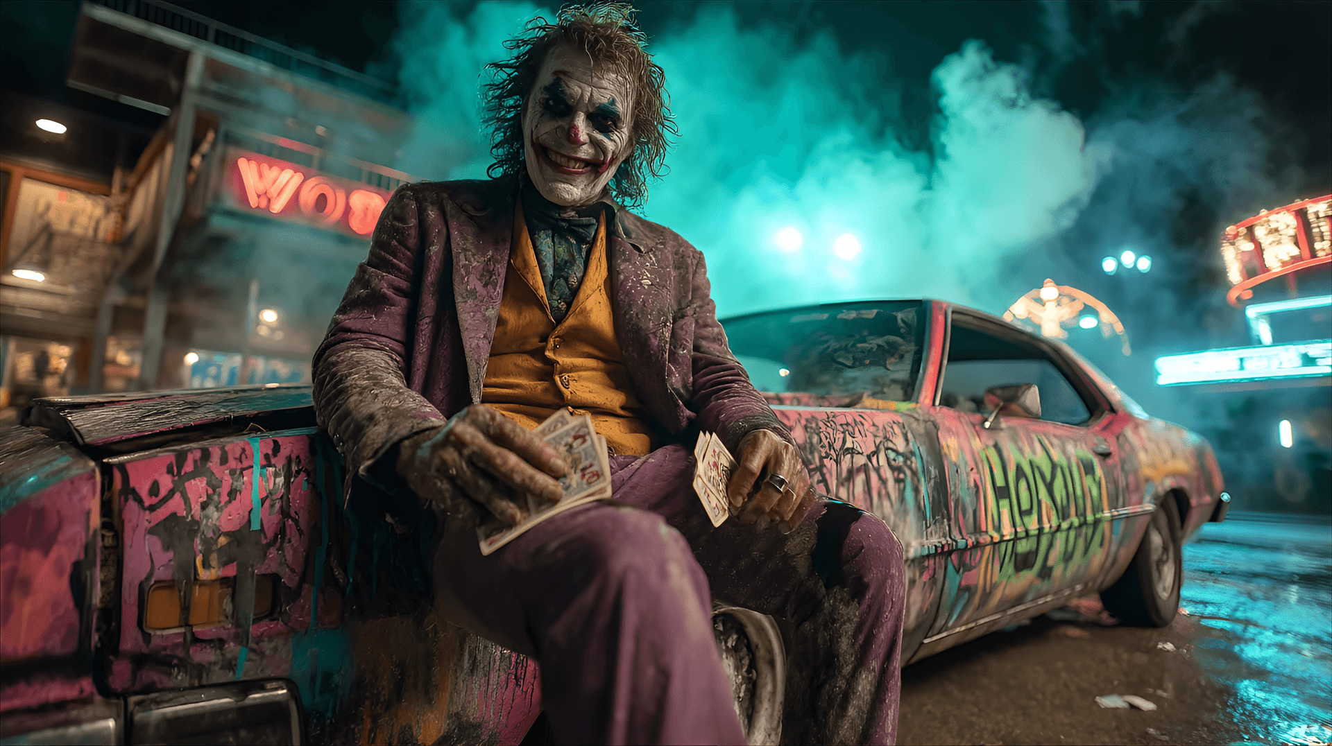 AI generated: The Joker, a male adult with a vibrant green and purple hair style, sits on a custom-painted, purple...