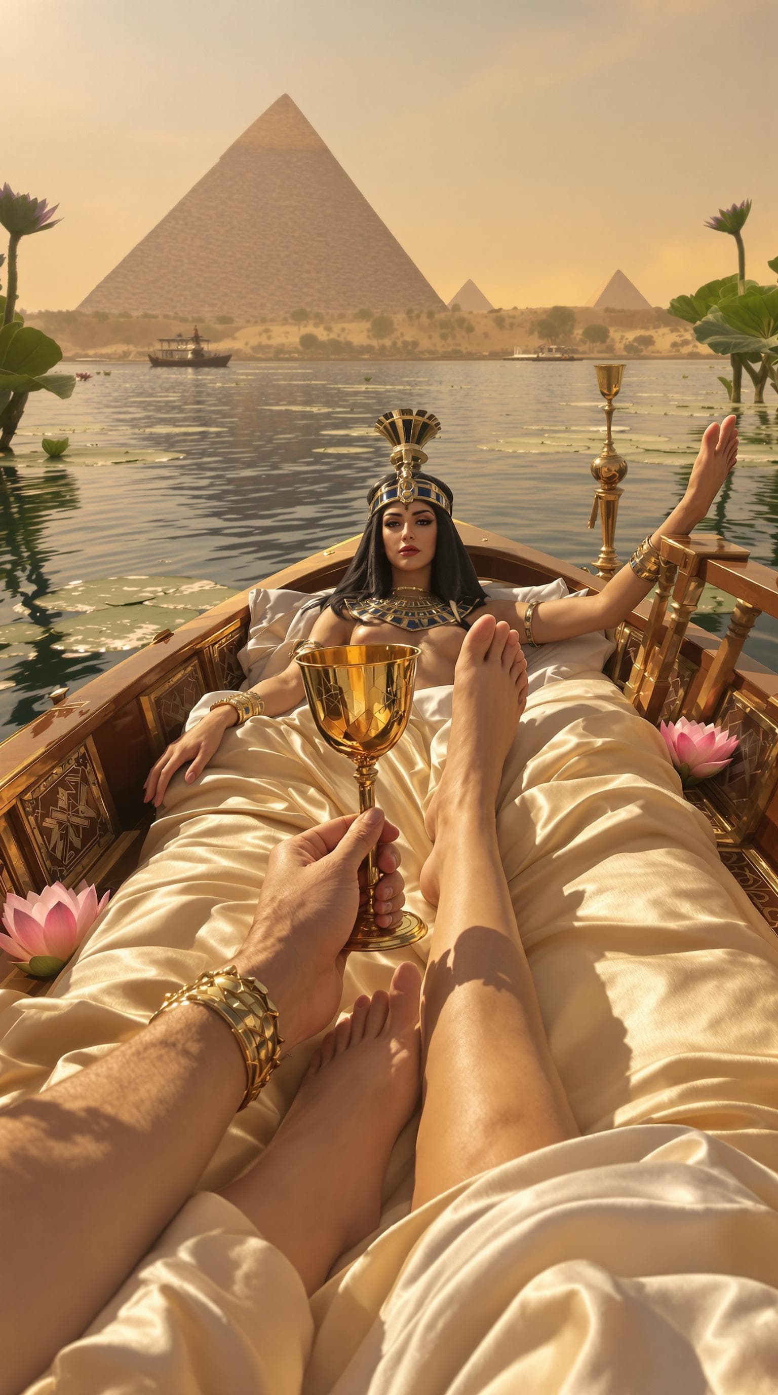 AI generated: A hyper-realistic first-person perspective of Cleopatra VII reclining on a silk-covered chaise aboar...