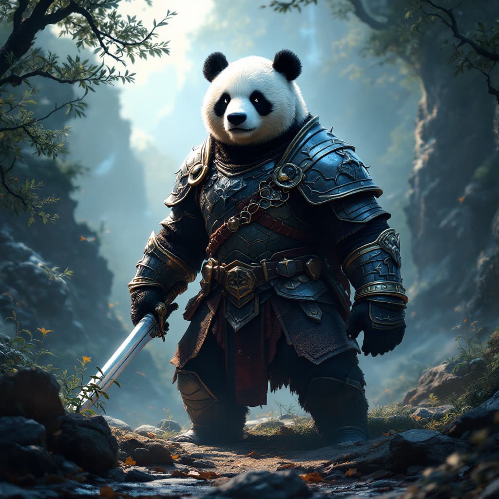 AI generated: Prompt: Panda Bear as a legendary hero in a fantasy world, wearing armor, a cinematic background, an...