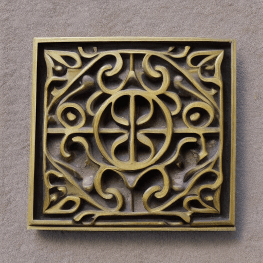 AI generated: Hinge opening, brass, plaque, hobbit style, square timber border, flowers mural  pattern
