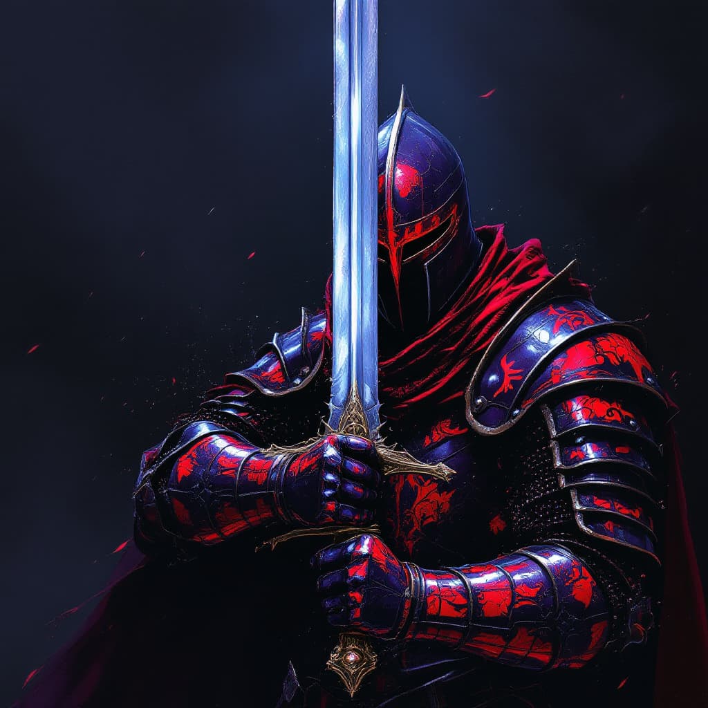 AI generated: a digital art drawing of a medieval knight wielding a one handed sword in front of him, Red and purp...
