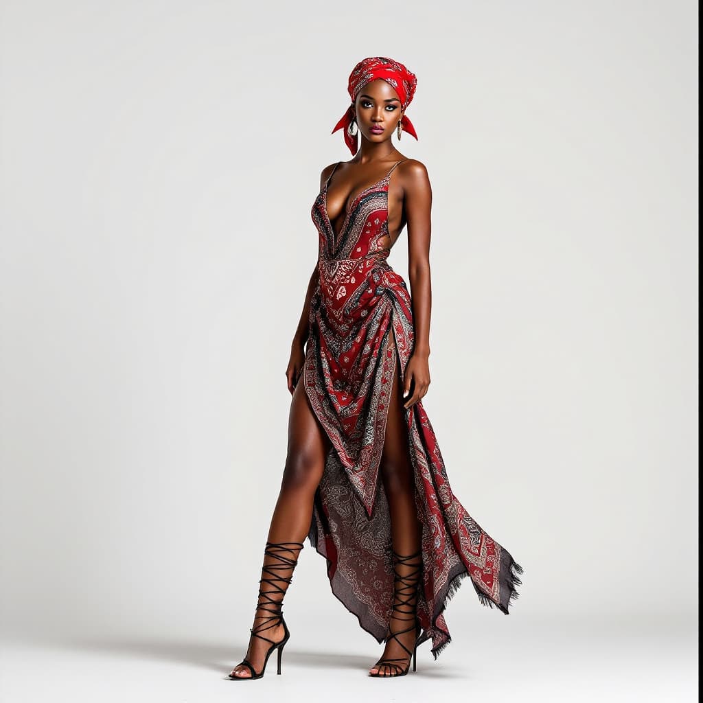 AI generated: a beautiful exotic african american female wearing a bandanna dress, gladiator heels and a bandana h...