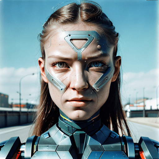 AI generated: Beautiful cyborg woman, 16mm, color graded portra 400 film, remarkable color, ultra realistic, textu...