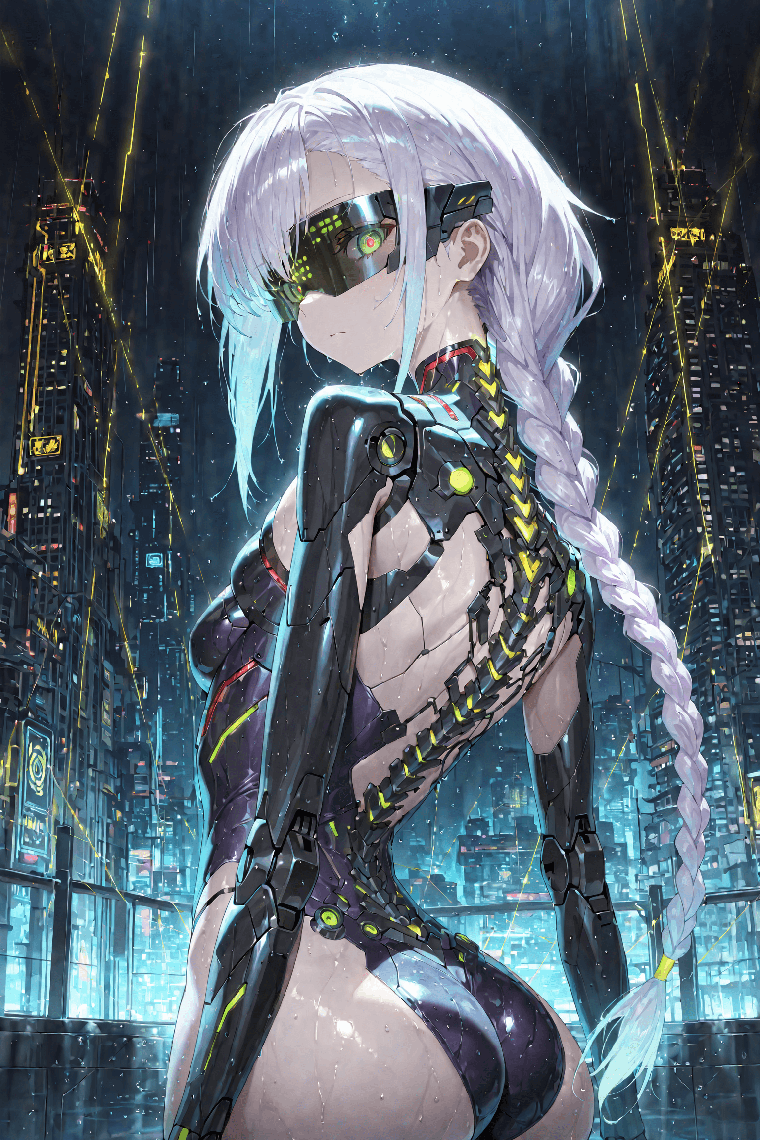 AI generated: (masterpiece), (best quality), ultra-detailed, anime style, solo female cyborg, long purple braided ...