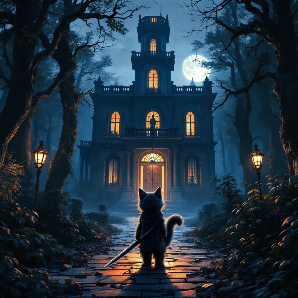 AI generated: an anthropomorphic cute cat standing in front of the entrance to a haunted mansion at night. Low ang...