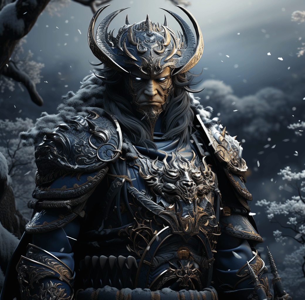 AI generated: the warrior in full samurai armor is carrying a sword, in the style of dark indigo and gray, snow sc...