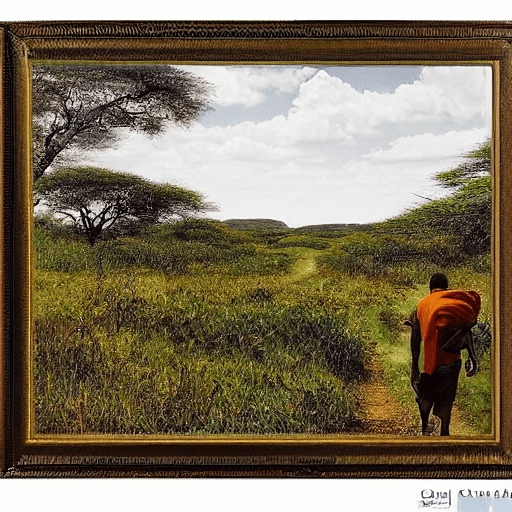 AI generated: A real photographic landscape painting with incomparable reality, a man seen from behind is walking ...