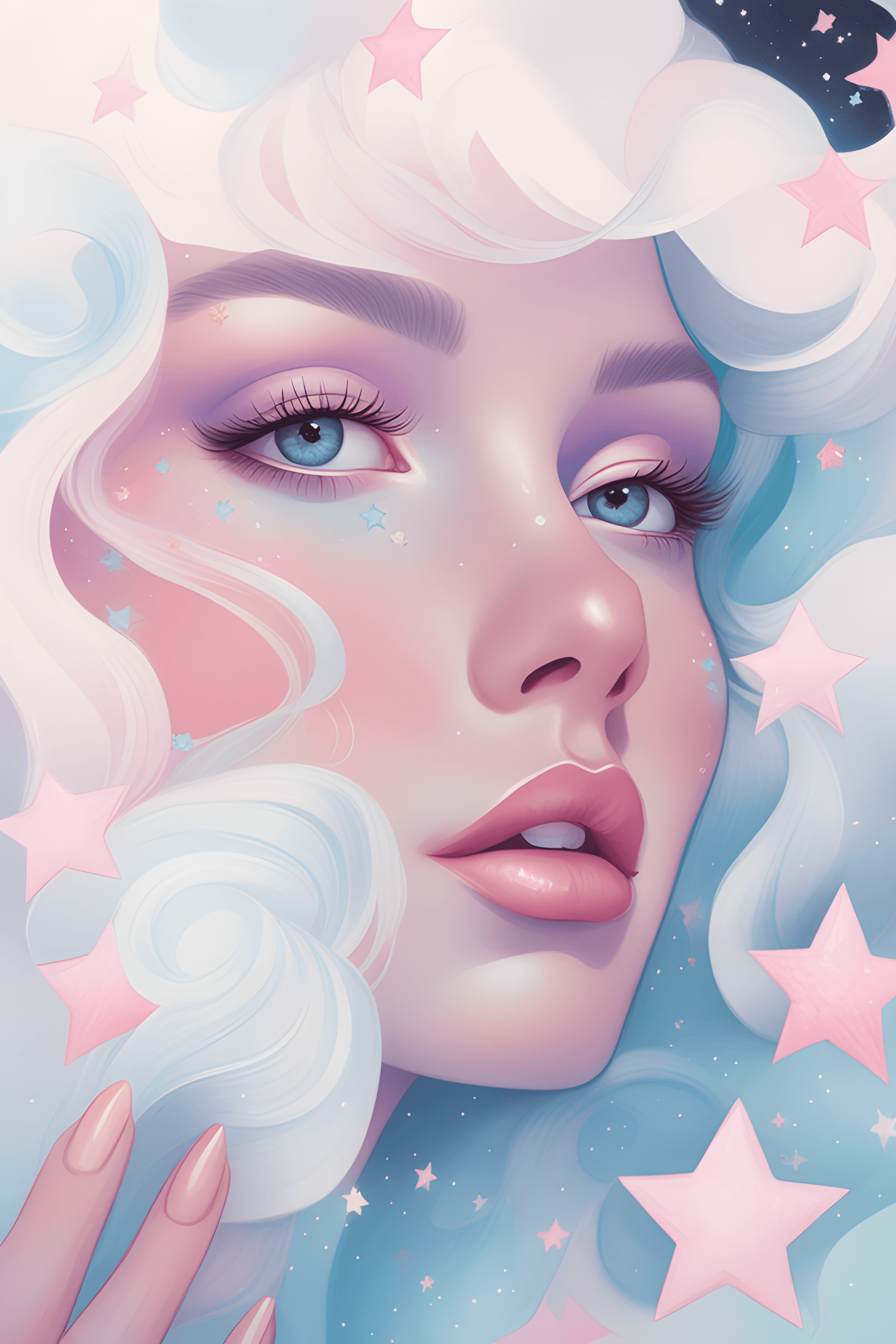 AI generated: there is a painting of a woman with stars on her head, jen bartel, inspired by loish, dreamy illustr...