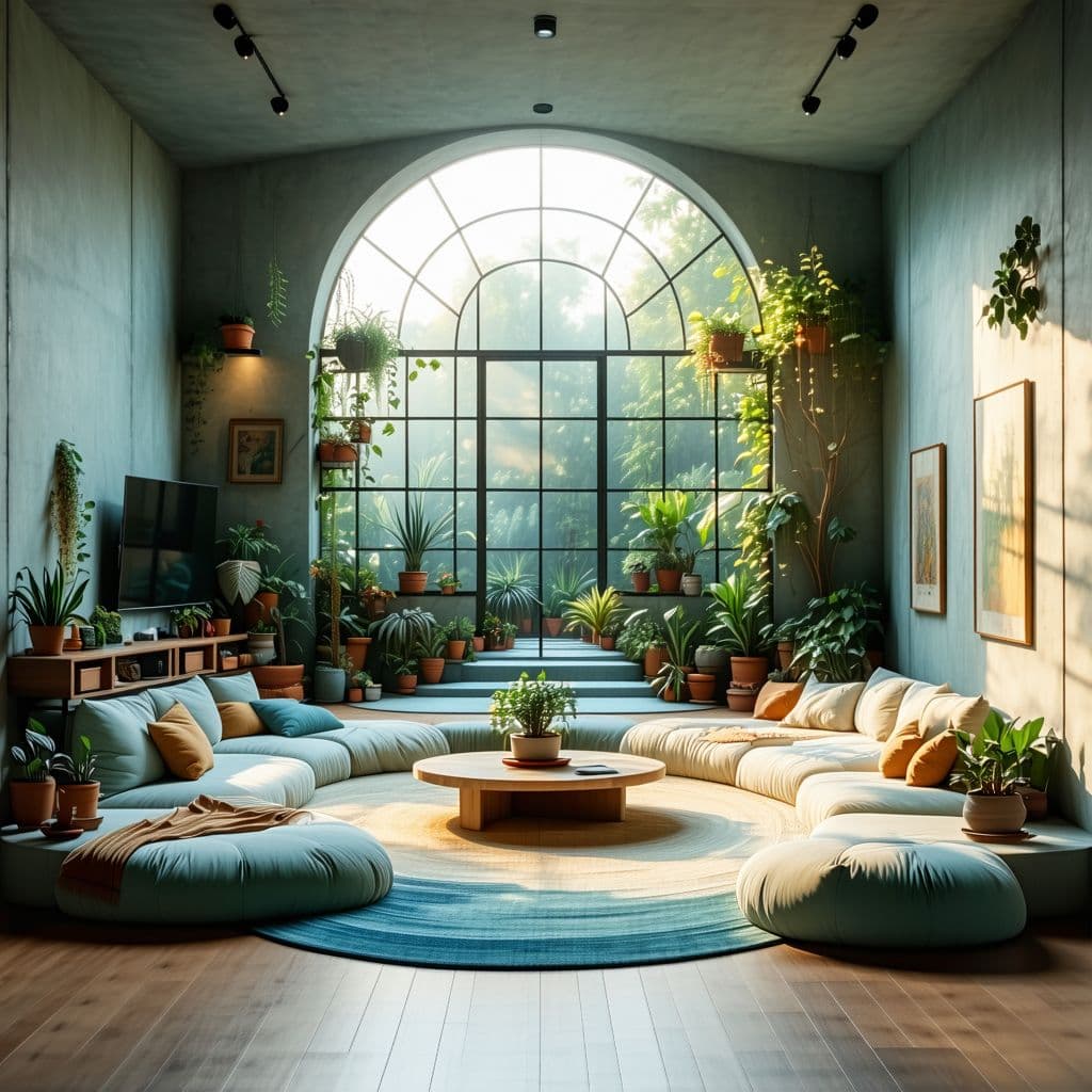 AI generated: High resolution photography interior design, dreamy sunken living room conversation pit, wooden floo...
