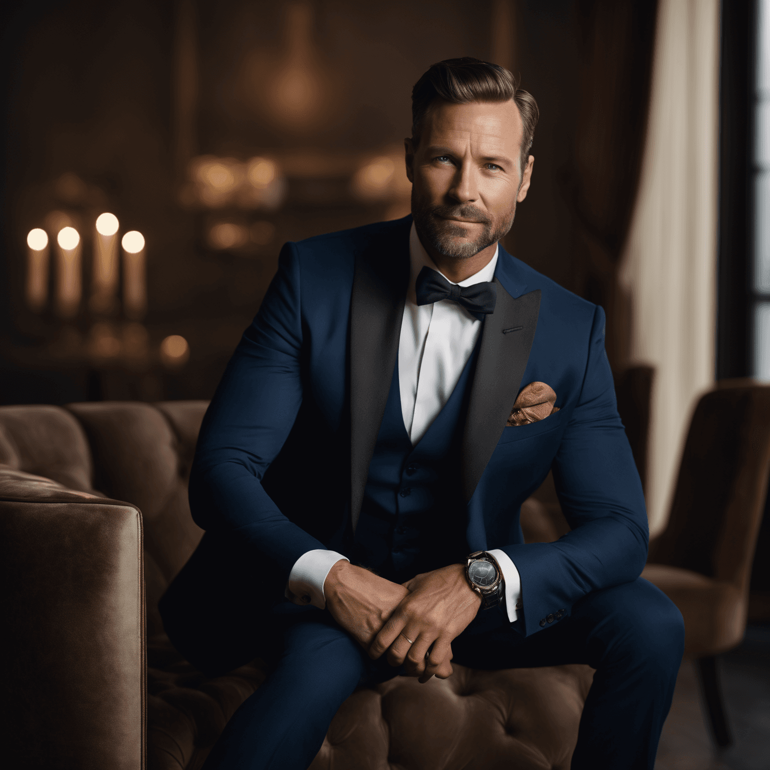 AI generated: A dashing 42-year-old with refined features and a sophisticated demeanor poses against a timeless ba...