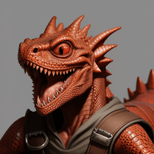 AI generated: DnD, red, kobold lizard, male, short, messy, dirty, face covered, fantasy, wrench, 2d drawing
