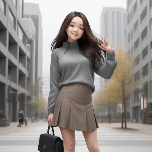 AI generated: The image features a cheerful beautiful CHINESE
 girl with long thick, brunette hair, natural fricke...