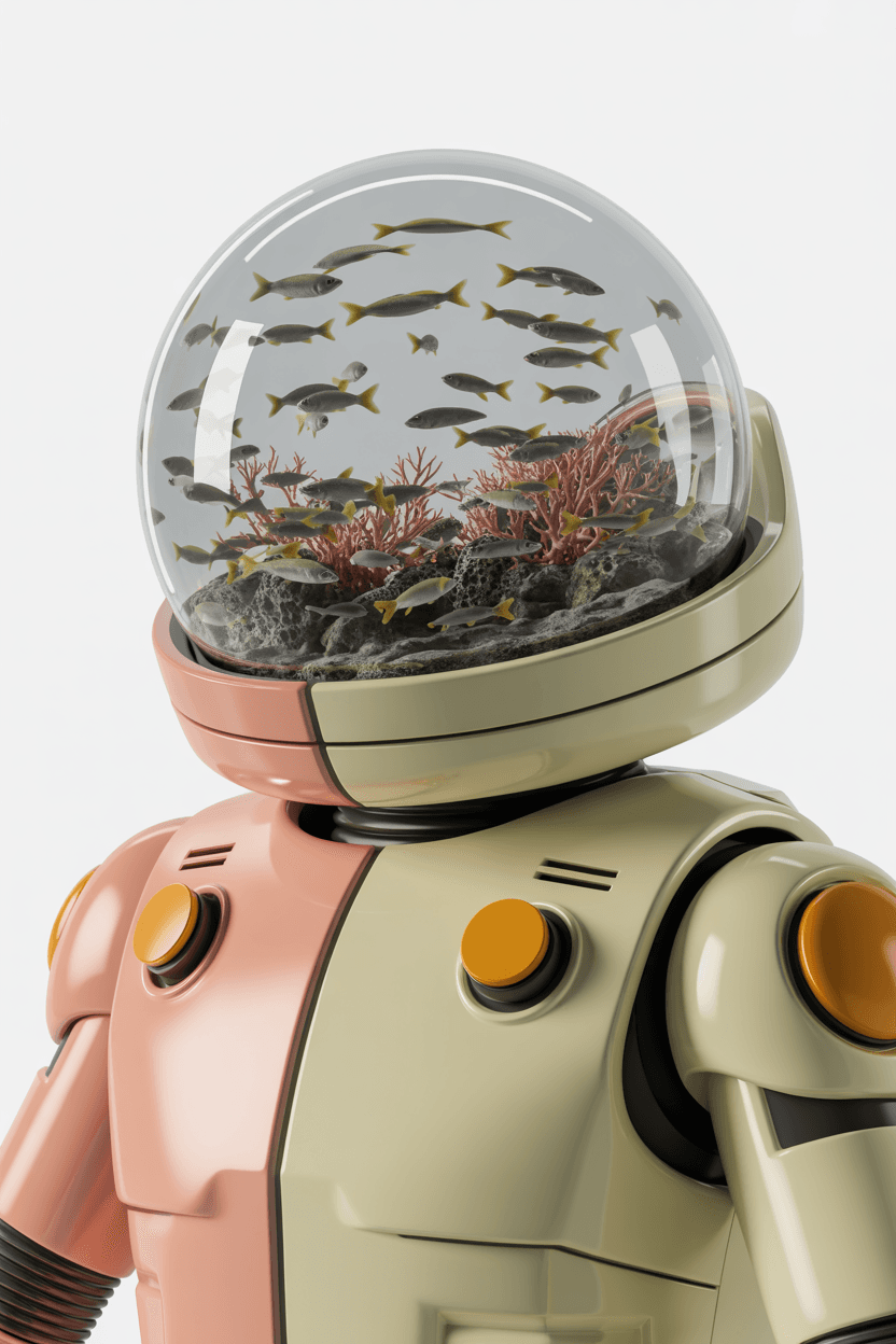 AI generated: Close-up of a robot or futuristic figure. The figure's head is a clear, dome-shaped helmet, resembli...