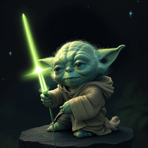 AI generated:  YODA in cosmos, 8k, light sword, happy YODA, friends YODA, anime
