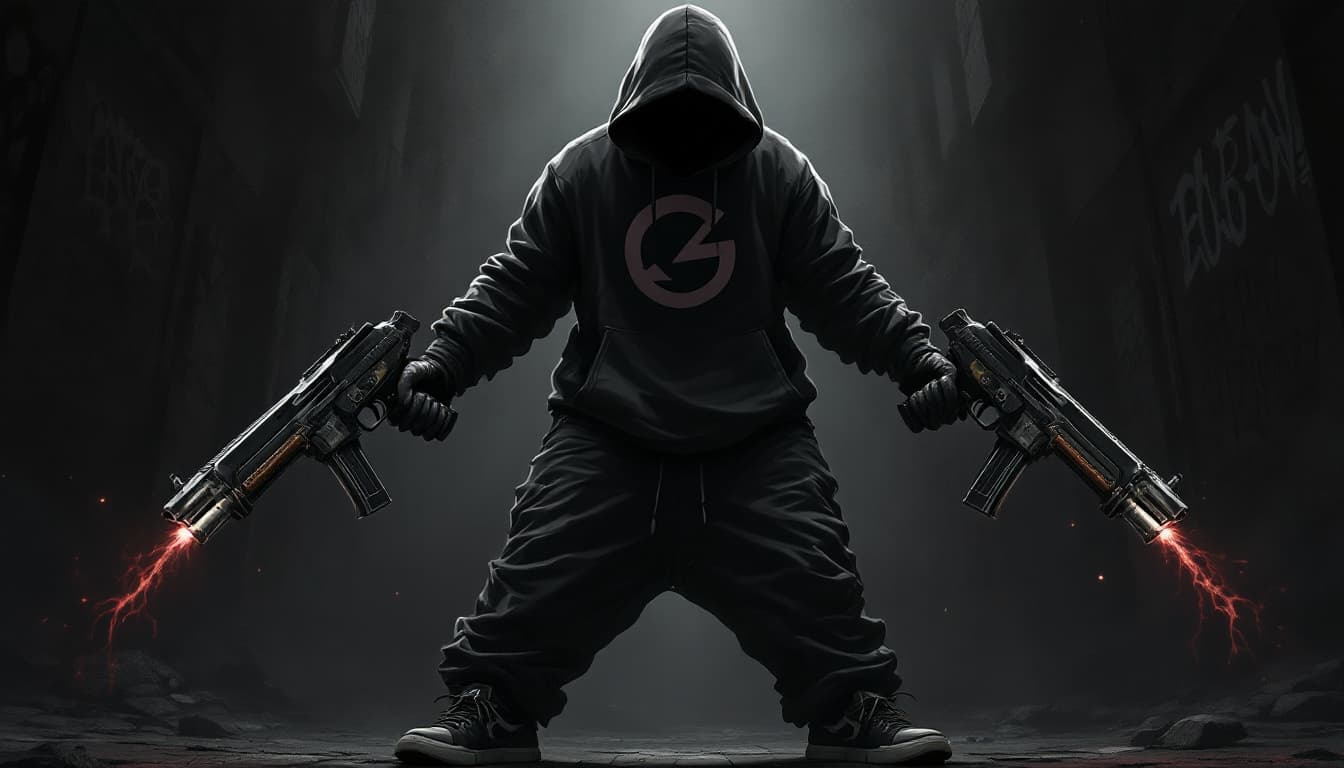 AI generated: A striking, dark illustration in the graffiti style of a hip-hop-, . The character is wearing a hood...