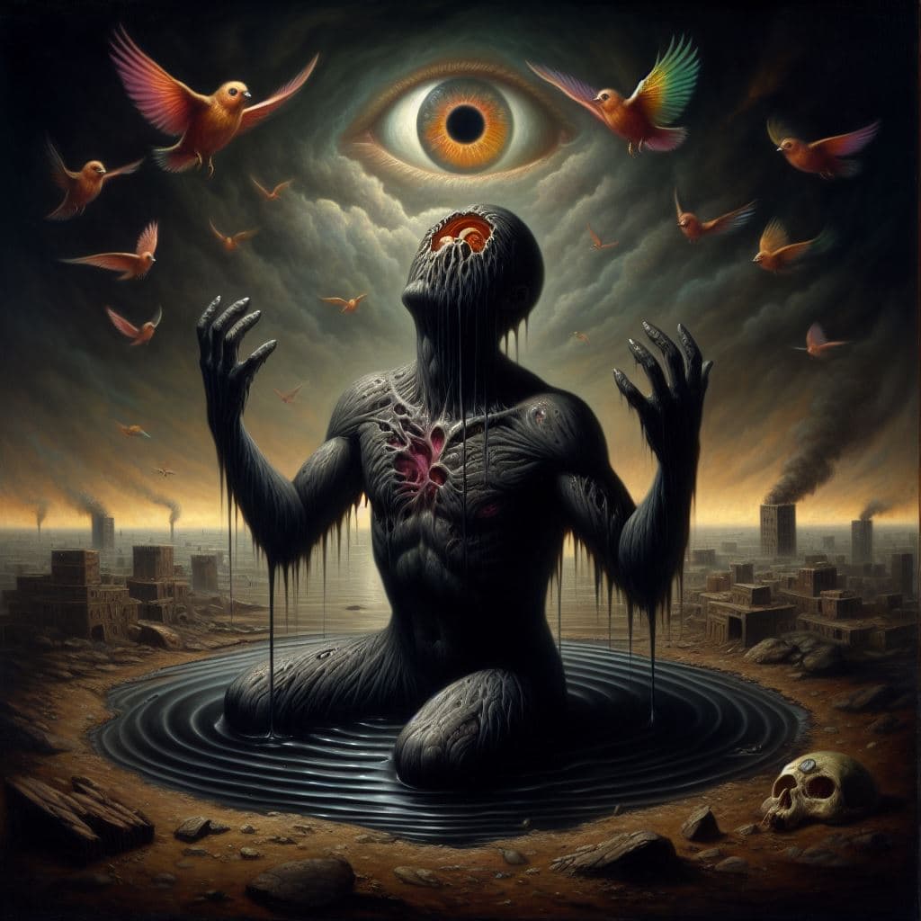 AI generated: An oil painting with dark tones, humanoid figure melting in a black puddle, with raised hands, surre...