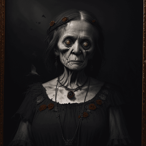 AI generated: portrait of a very old woman with a ruby necklace in an antique and torn dress, dark room, dried flo...