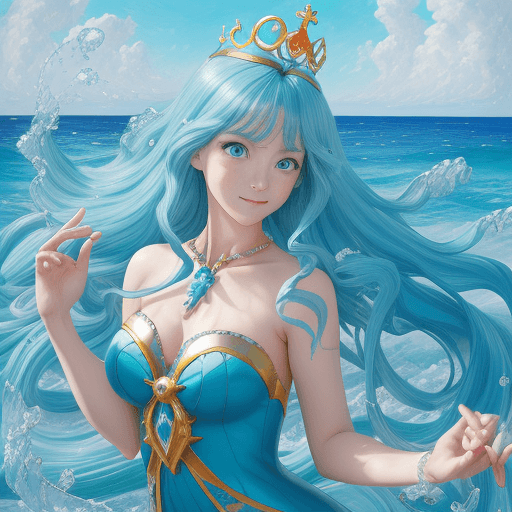 AI generated: manga style. A playful anime dancer from the sparkling ocean with a seashell crown and a dolphin hai...