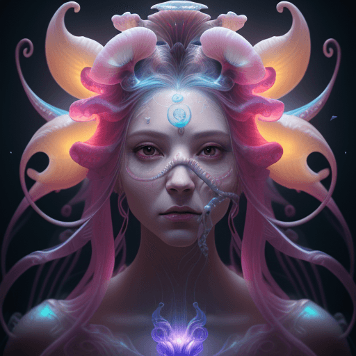 AI generated: Goddess close-up portrait ribcagel. jellyfish phoenix head, nautilus, orchid, skull, betta fish, bio...