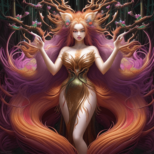 AI generated: In this hyper-maximalist masterpiece, a breathtaking image of the ultimate (nine-tailed fox girl) un...