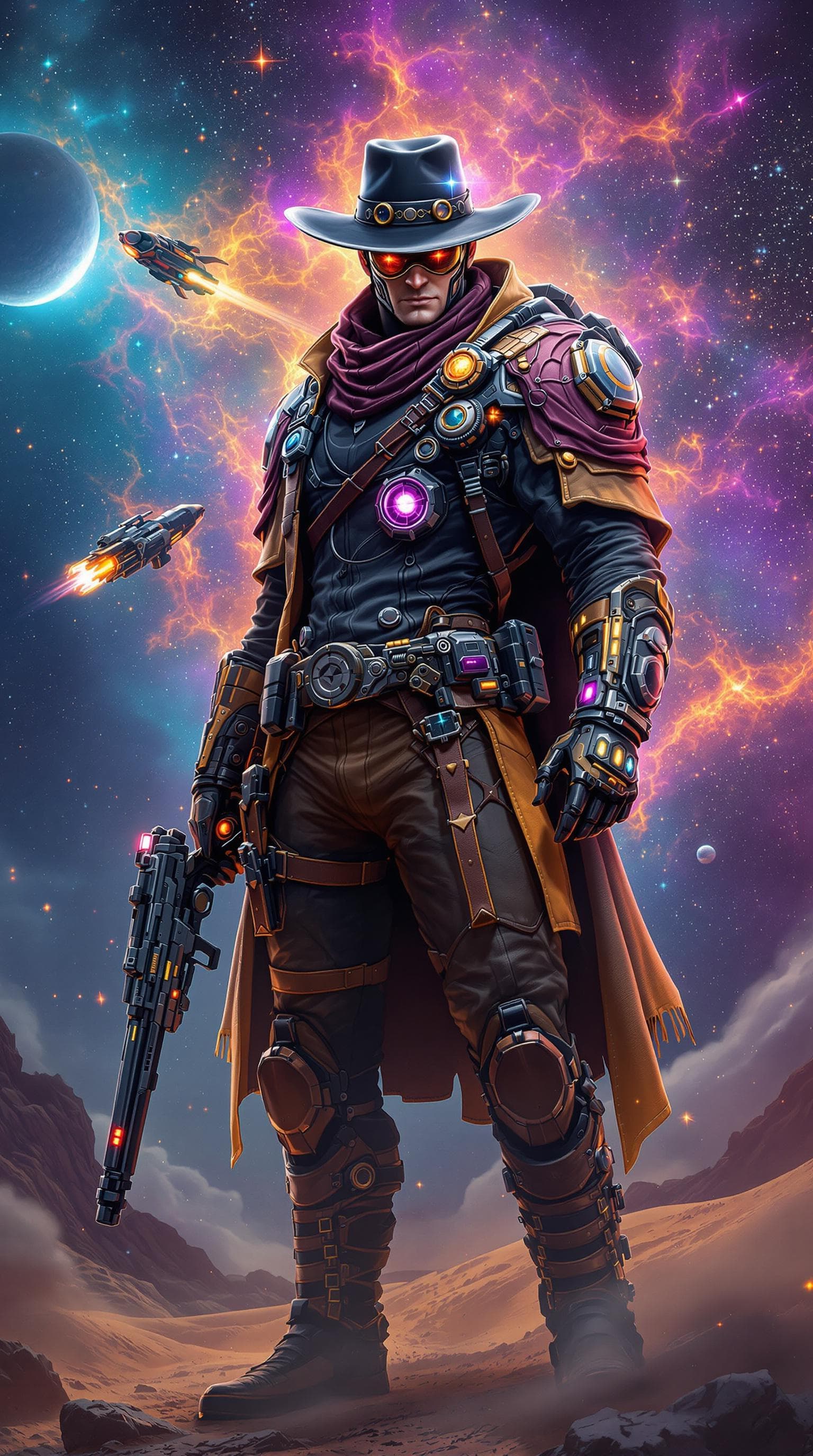 AI generated: space cowboy| futuristic western| detailed space bounty hunter attire| plasma revolver| cybernetic e...