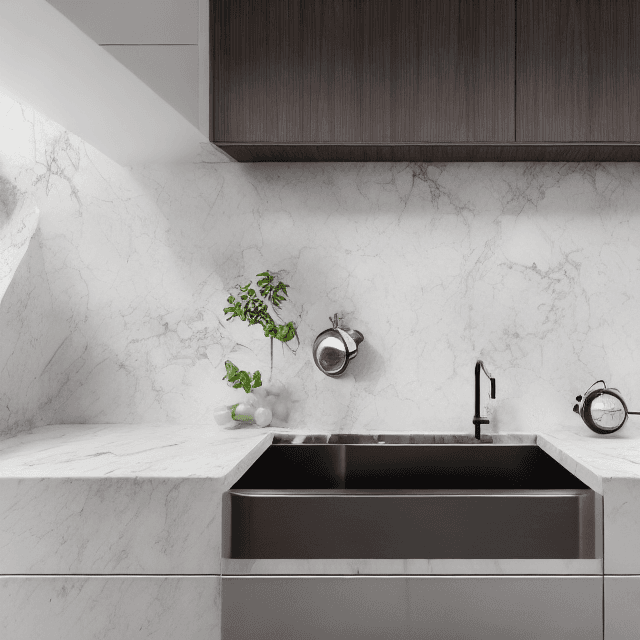 AI generated: minimalist top view kitchen space, kitchen counter top, quartz kitchen sink, vegitables, frutis and ...