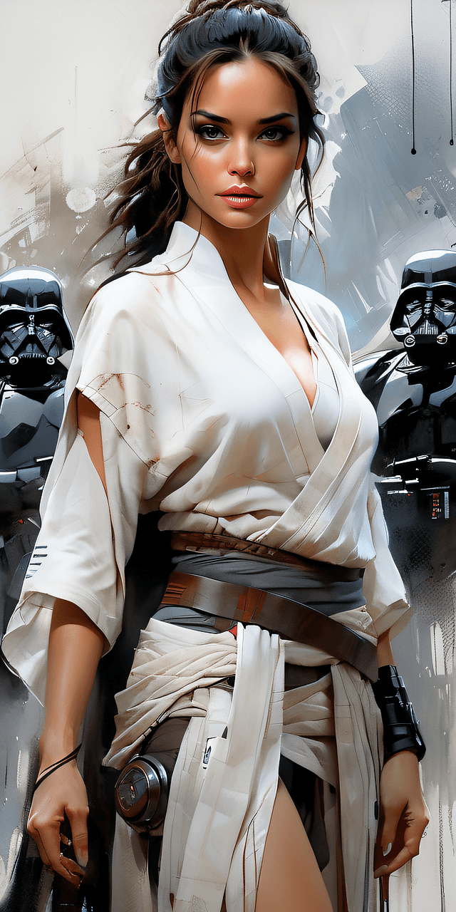 AI generated: full body portrait of a gorgeous female jedi, Star Wars themed, sparkling eyes, seductive, expressiv...