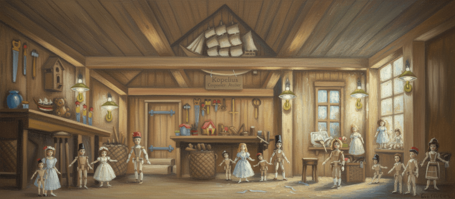 AI generated: make it in Clod Monet style, transform in some reality,
add some dolls, Kopelius carpenter atelier 